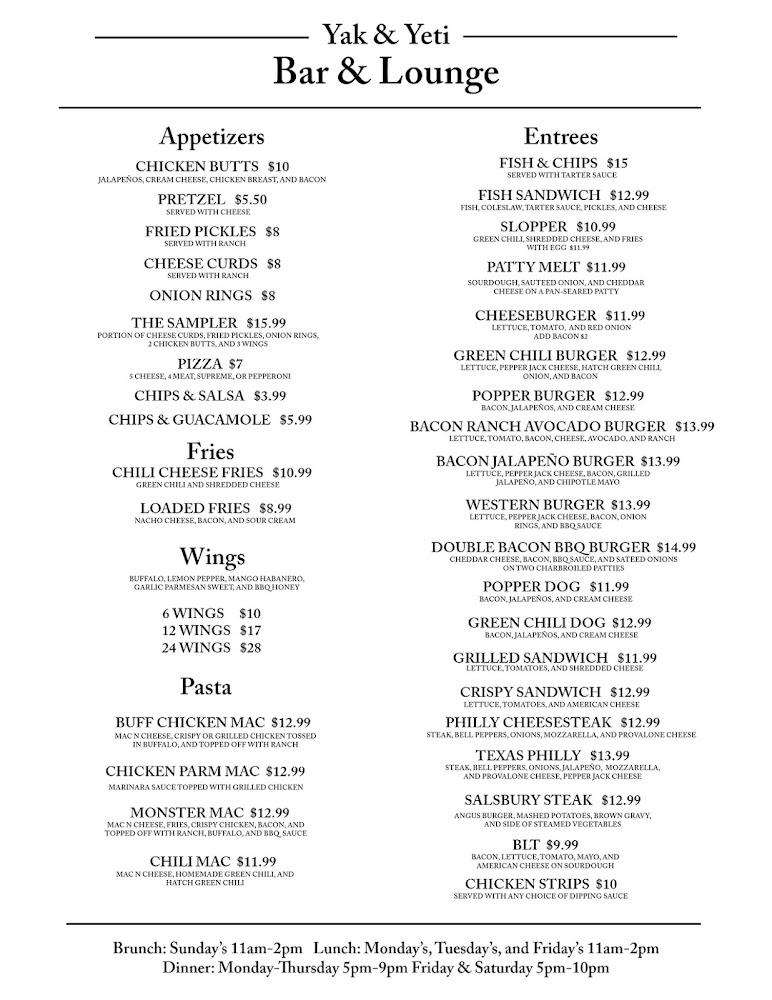 Yak & Yeti Bar & Lounge - La Junta Menu image 1