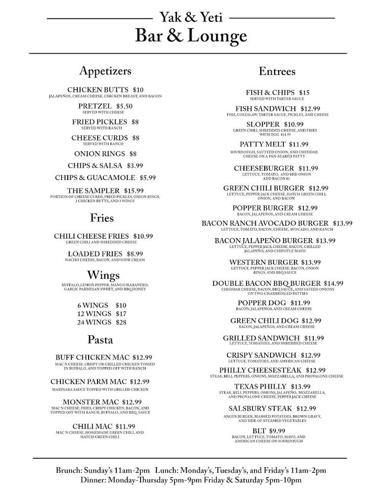 Yak & Yeti Bar & Lounge - La Junta Menu image 2